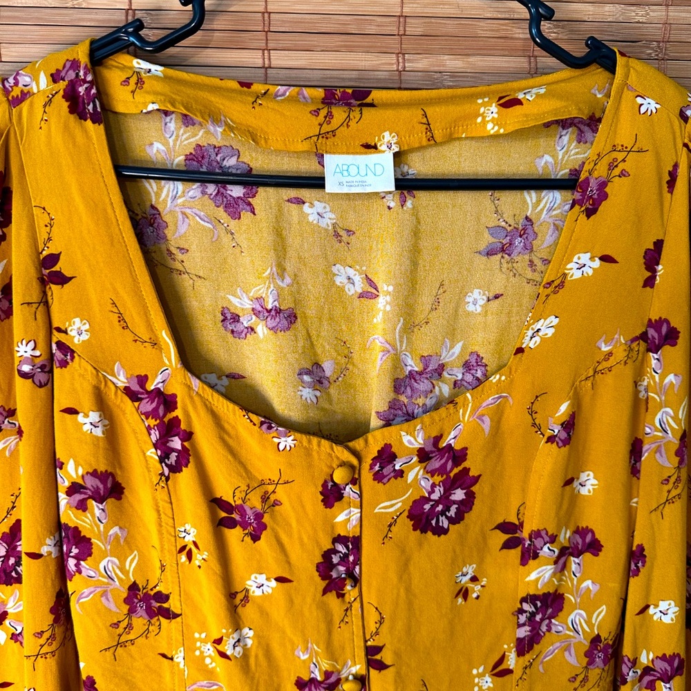 Purple and yellow floral low cut long sleeve blouse - Picture 6 of 10